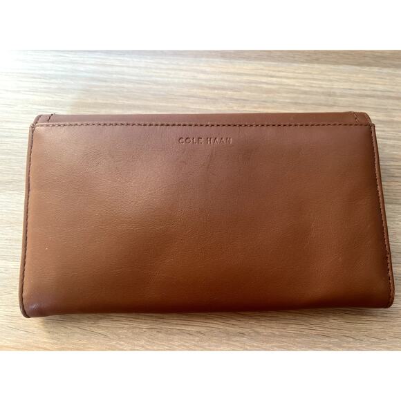 Cole Haan Brown Tan Leather Gold Accent Luxury Large Wallet Clutch - Picture 3 of 12